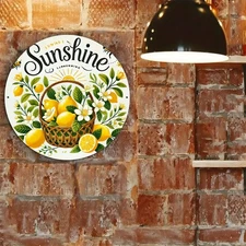 2D Flat, 1pc 8x8 Inch Round Aluminum Tin Metal Signs Wall  Lemon Leaf & "Summer 