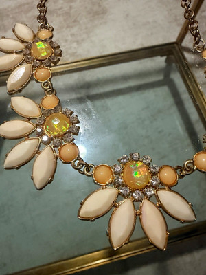 Gold Tone Ivory Flower Rhinestone Statement Bib Necklace Cable Chain Adjustable