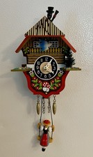 German Engstler Mini 5" Cuckoo Clock Swinging Girl CHIMNEY SWEEP ON TOP Works