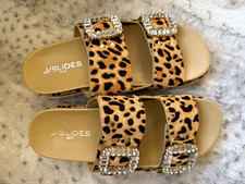 J/Slides Women's Leopard Print Leather Platform Slide Sandals Rhinestone Buckle