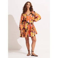 Seafolly Womens Floral Long Sleeve Palm Spring Tier Swing Dress Black S/M NWT