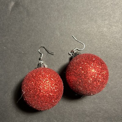 Funky Glitter Red Ornament Earrings Christmas Holiday Winter Shimmer Party