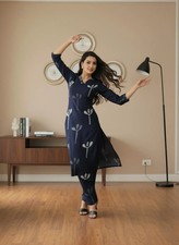 Women Blue Pure Cotton Printed Kurta With Pant,Casual, Office Salwar Kameez Eid
