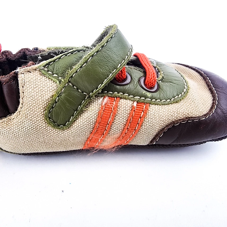 Zapatos Robeez Talla 3 Niños Pequeños Verde Marrón Lona Cuero Suela de Goma Foto 3 de 4
