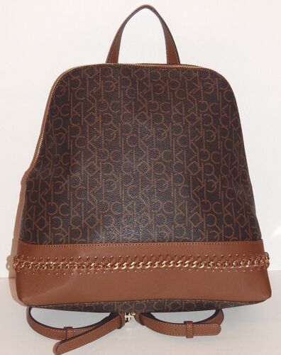 calvin klein large hudson leather backpack Calvin Klein Hudson Monogram Backpack Brown Logo Faux Leather Adj Straps