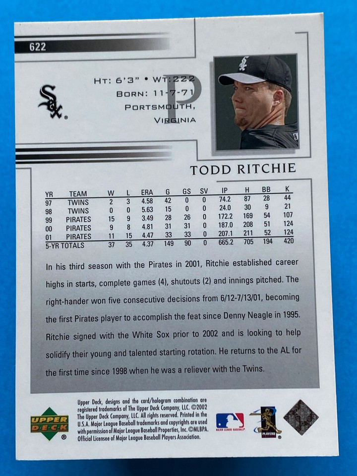 2002 Upper Deck Todd Ritchie #622 Chicago White Sox | eBay