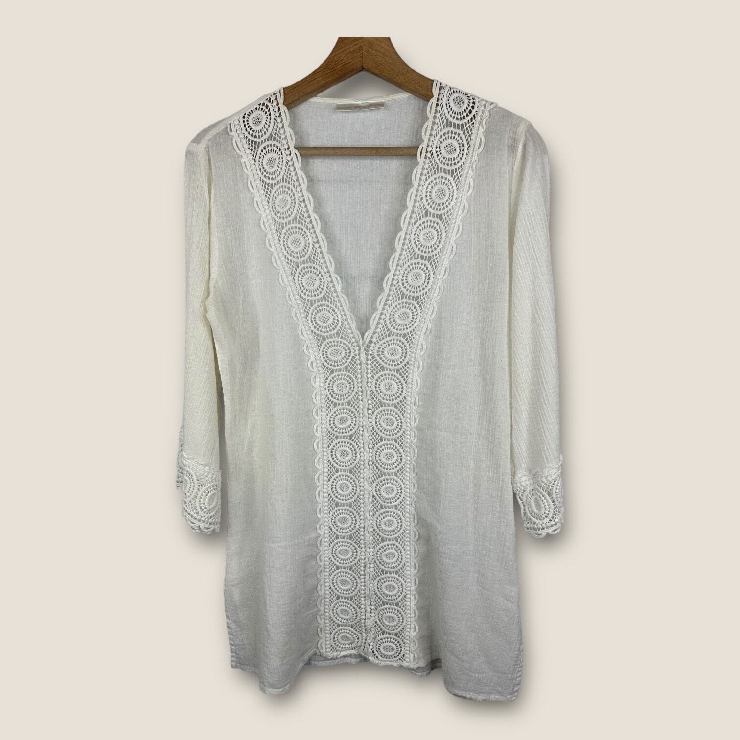 Top túnica blanca La Blanca para mujer talla mediana crochet gasa semi transparente