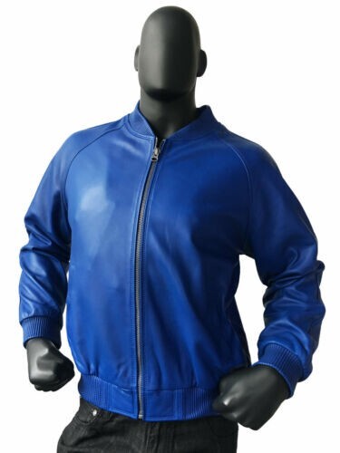 Men's Blue 100% Real Lambskin Leather Stylish Bomber Biker Jacket Designer