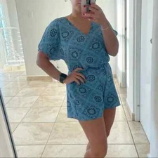 Moon Kiss Blue and Black Romper with cut out sleeves shirt sleeve elastic...