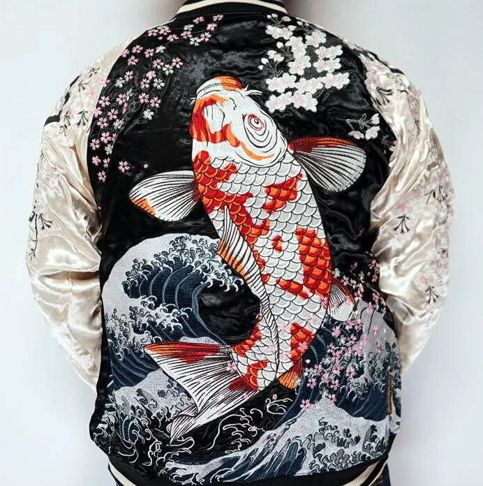 Mens Souvenir Jacket SUKAJAN Japanese Pattern Embroidery REVERSIBLE Red  Carp Koi