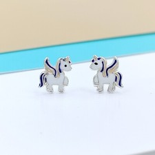 925 Solid Silver Tiny Unicorn Studs Earrings Colorfull Animal Ear Stud for Girls