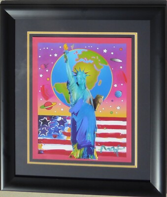 PETER MAX ''Liberty, Earth & Flag'' Unique Original Painting Hand signed  framed