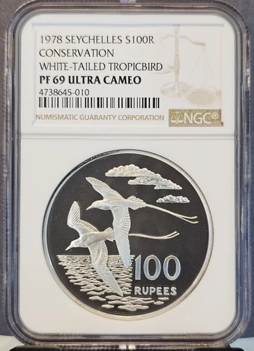 1978 SEYCHELLES SILVER 100 RUPEES WHITE TAILED TROPICBIRD NGC PF 69 ULTRA CAMEO 