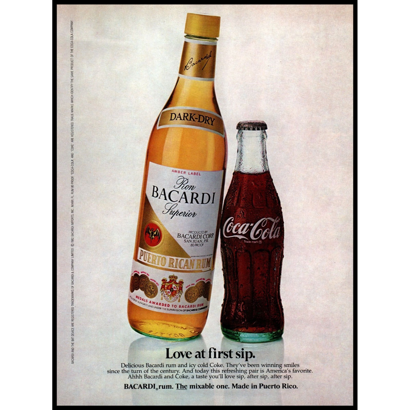 1982 Bacardi Rum Coca Cola Coke Bottle Vintage Print Ad Love at First Sip Photo
