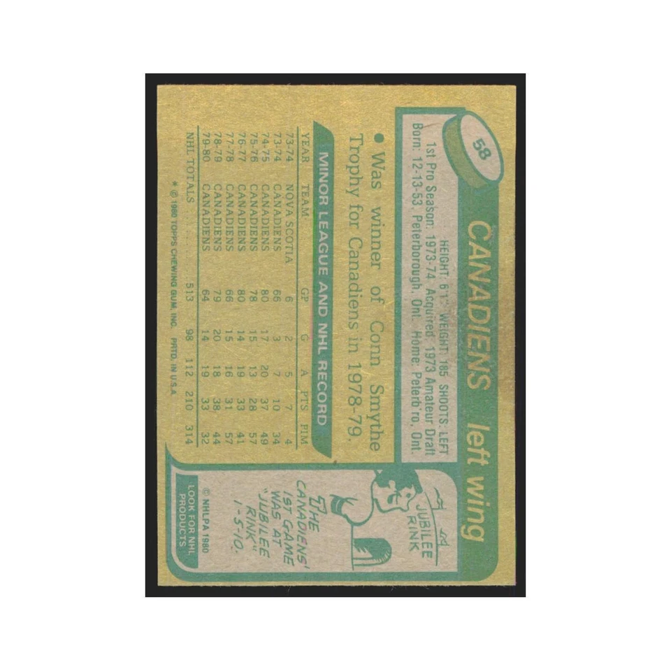 1980 Topps Bob Gainey Montreal Canadiens #58 - Image 2 of 3