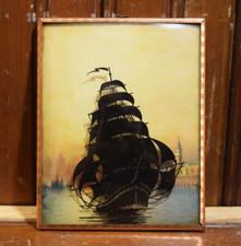 TABLEAU SUR VERRE BULLE CONVEXE PEINT À L'ENVERS VERS 1910 GRAND NAVIRE SORTANT DU PORT