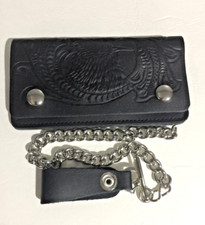 Trucker/ biker Genuine Black leather 8 " embossed wallet with 12" chrome chain