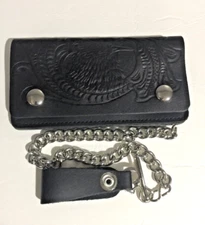 Trucker/ biker Genuine Black  leather 6 " embossed wallet with 12" chrome chain