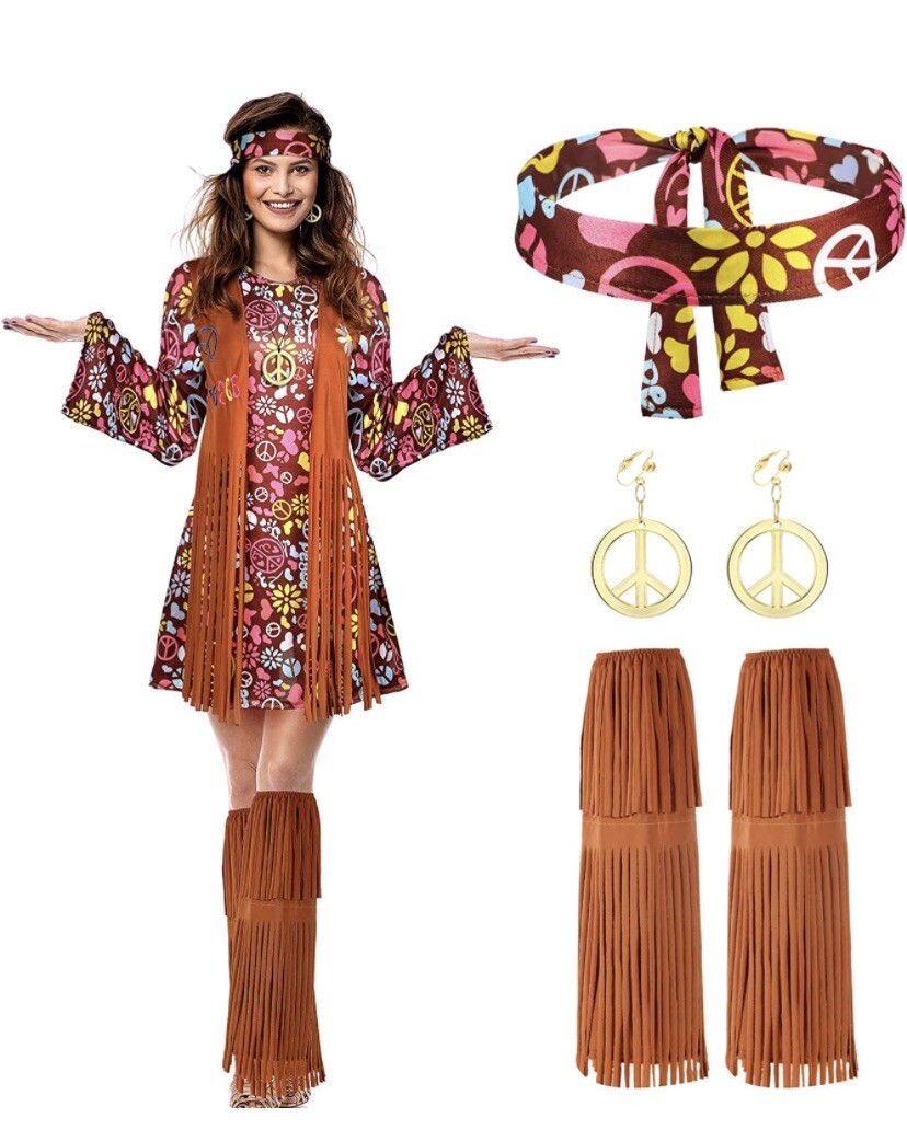 Women Hippie Costume Set Peace Sign Earring Necklace Headband Dress Sz XLg
