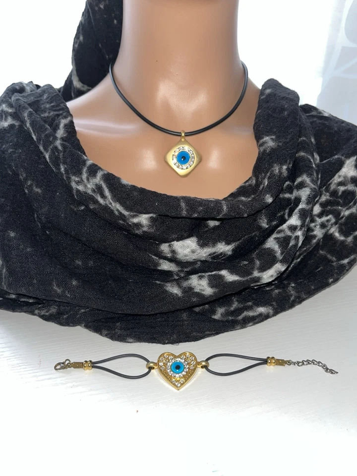 Kette Armband Auge Schmuckset Schwarz Gold mit Steinchen