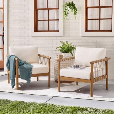 Acacia Wood Rope Club Armchair With Cream Cushions (Set of 2)