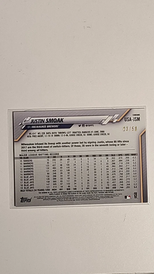 Tarjeta de béisbol Justin Smoak Auto/50 #USA-JSM 2020 autógrafo Milwaukee Brewers Foto 2 de 2