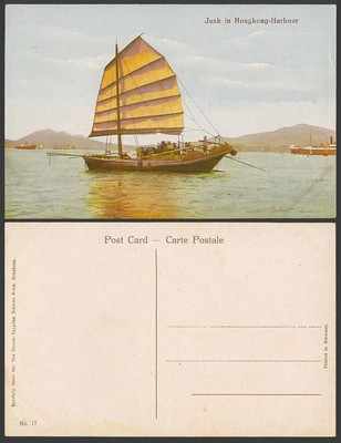 Hongkong alte Farbpostkarte chinesische Dschunke im Hafen Hongkong, Segelboot 17