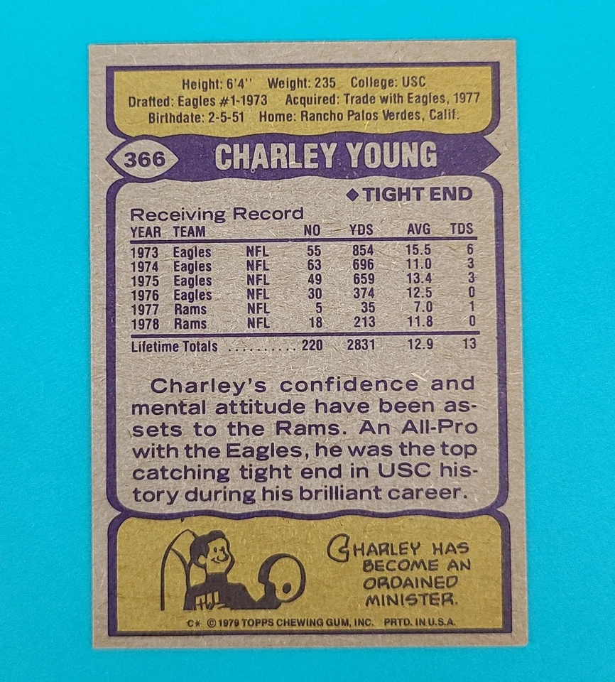 1979  Topps #366 Charle Young  Los Angeles Rams Football Card F2 - Image 2 of 2
