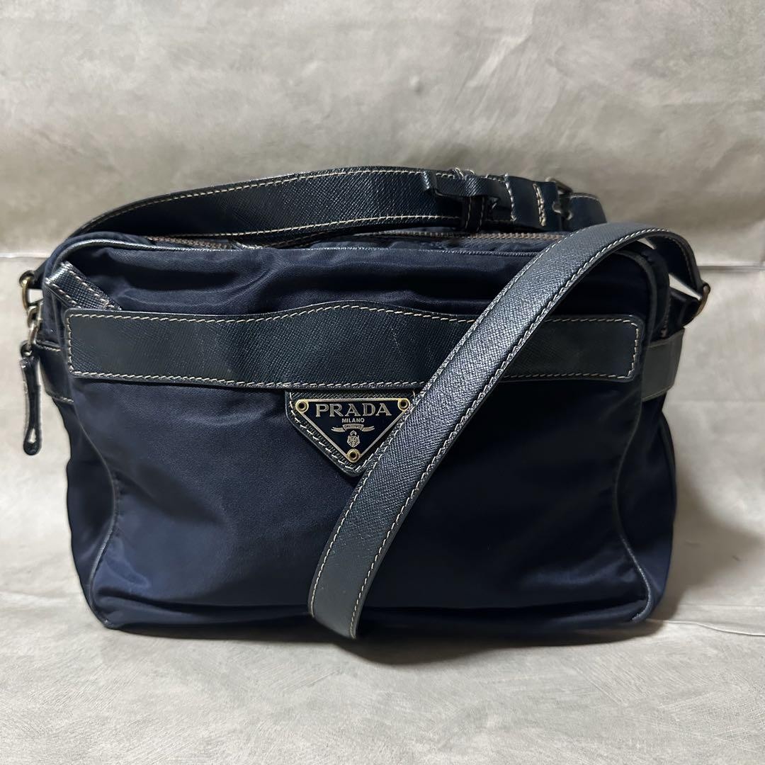 Vintage Prada Navy Saffiano Nylon Shoulder Bag with Triangle Logo from Japan