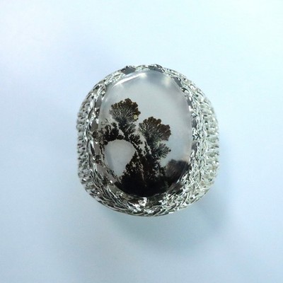 Natürlicher Scenic Dendritica Achat 925 Silber / Gold Unisex Herrenring