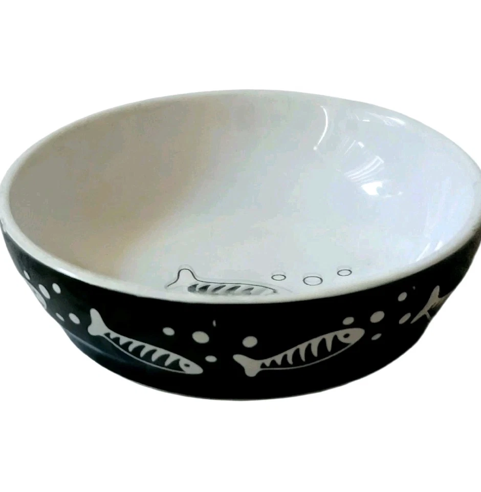 WHISKER CITY BLACK CERAMIC CAT BOWL WHITE FISH  5 in x 2 in E4 - Image 4 of 4