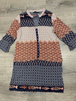 Zara Basic Women s Bohemio Dress Multicolor 3/4 Sleeve Size M V-Neck 