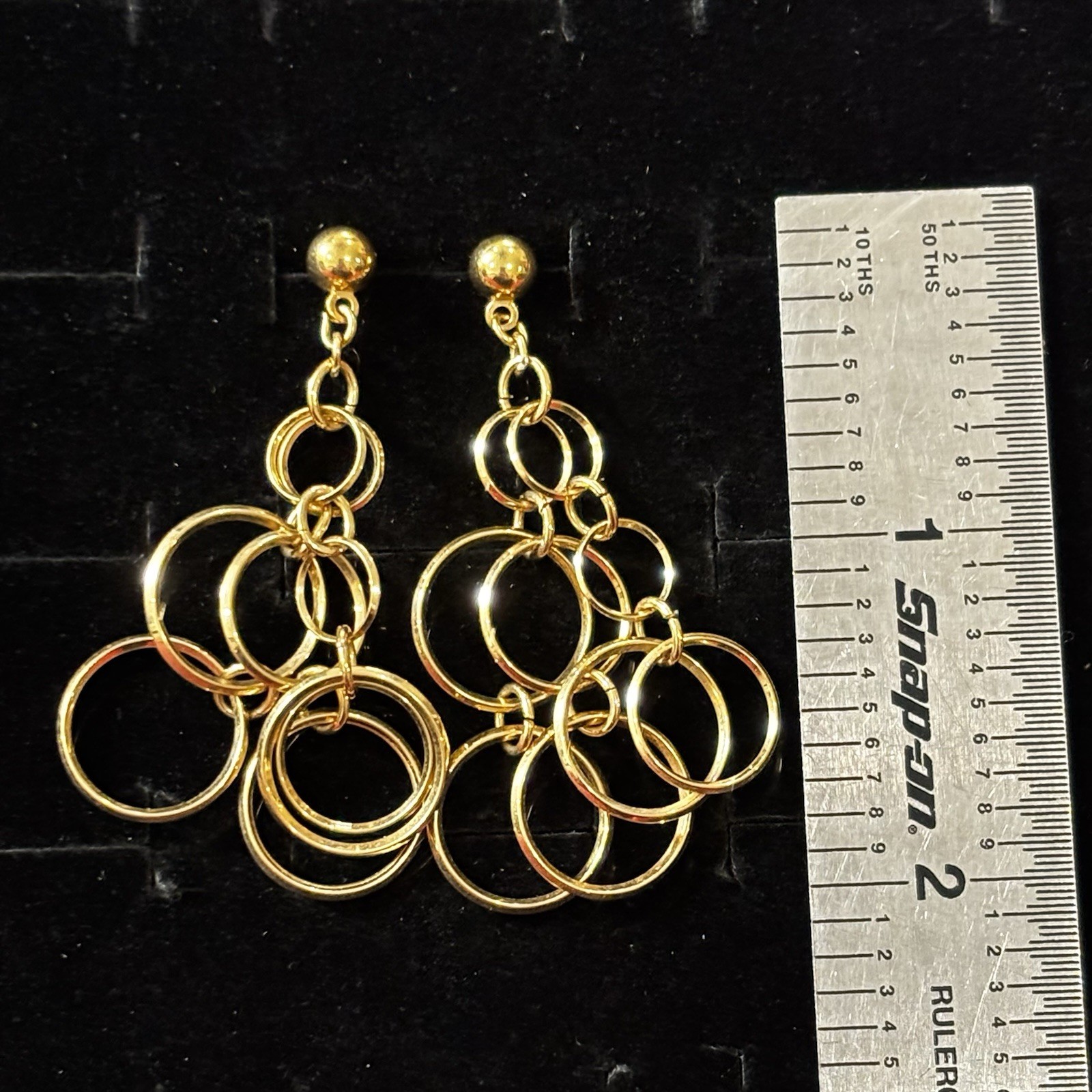 Gold Tone Multi Ring Dangle Earrings Statement Ge… - image 2