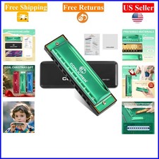 Kids Adults C Key Brass Diatonic Blues Harmonica with Case, Green