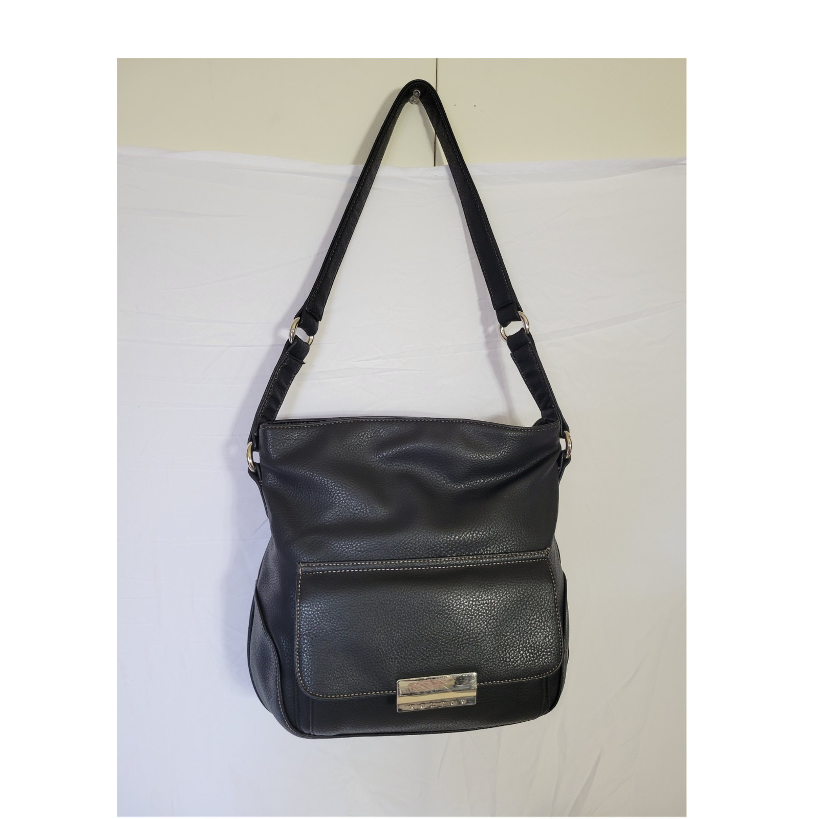Koltov Black Pebbled Shoulder Bag Zip Closure Gold Hardware Adjustable Strap
