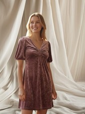 GUESS Crushed Velvet Mini Dress – Dusty Rose Mauve, Puff Sleeve V-Neck (NWT)
