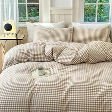 Tan Gingham Grid Duvet Cover Queen 3 Pieces Beige Plaid Duvet Cover 100 Wash...