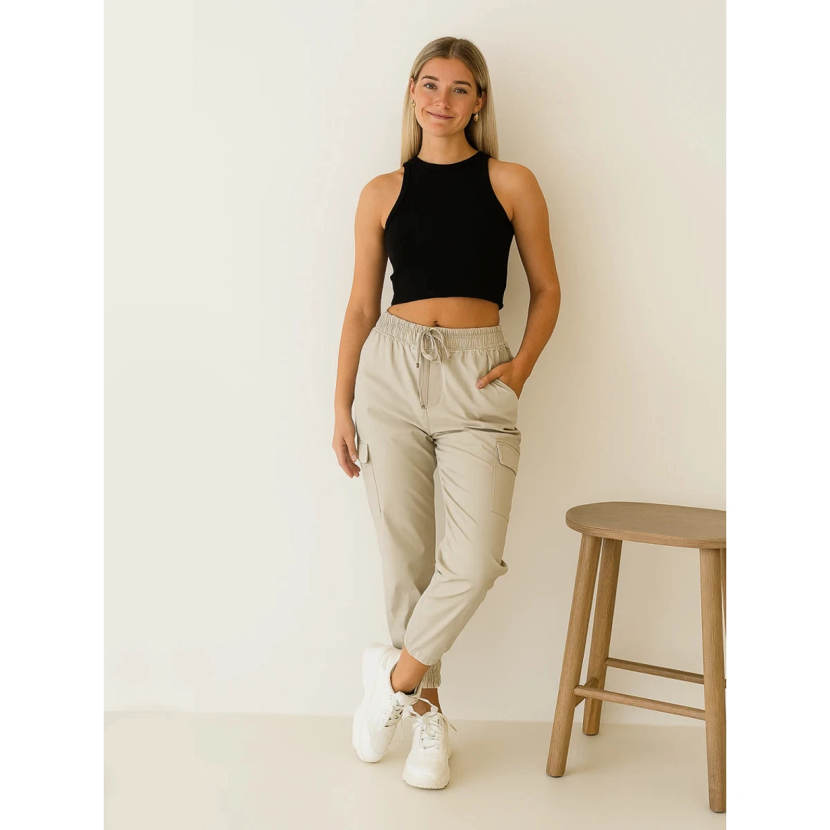 Cargo Trousers Beige S/M Wide Leg Breathable Fabric Cargo Pockets UK Made Double