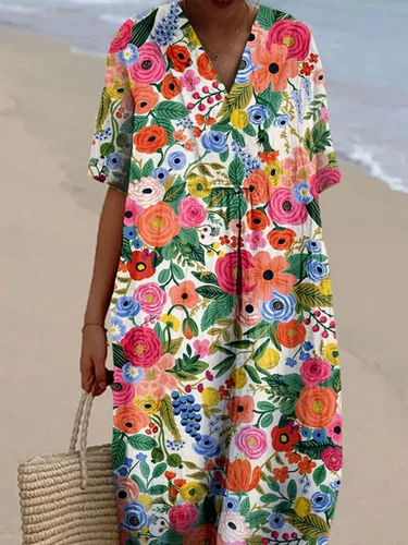 Women Floral Long Dress V Neck Short Sleeve Beach Casual Dress Vacation S-5XL -* - Picture 7 of 11