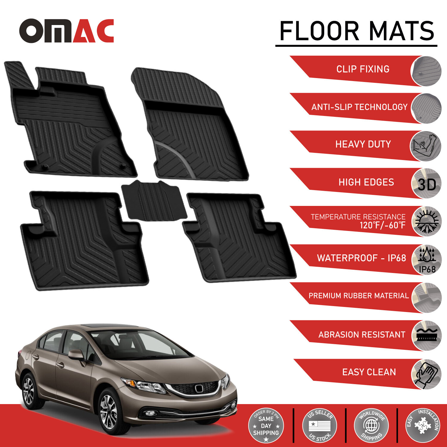 Floor Mats Heavy Duty Rubber Protection Liner For Honda Civic Sedan