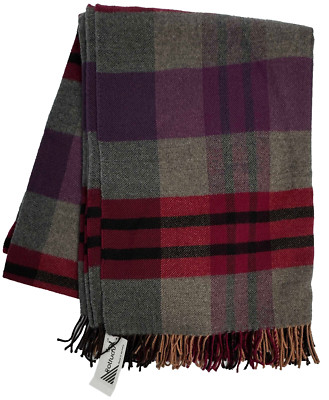 Sofadecke Plaid gewebt 100% Wolle Karomuster mittelgrau rot violett Drehfransen