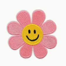 SMILING PINK DAISY FACE - Embroidered Iron-On/Sew-On Patch