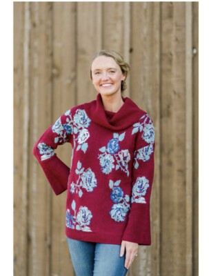 The Pioneer Woman Floral Jacquard Cowl Neck Tunic Sweater Medium Cabernet NWT