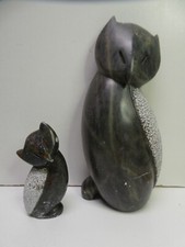 2 VINTAGE CARVED STONE SCULPTURE STATUES OWLS BIRDS  ART MCM