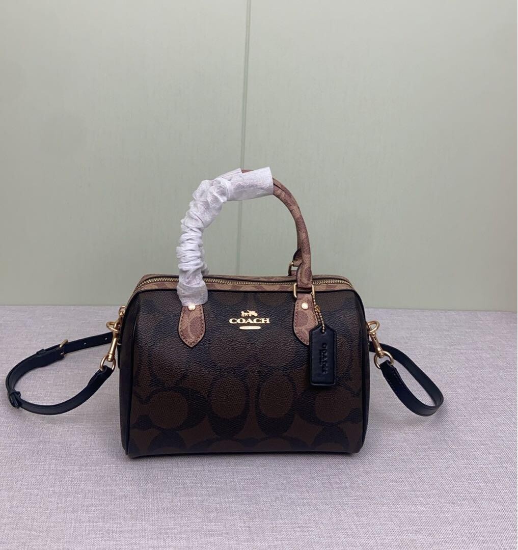 COACH Rowan Satchel Bag Blocked Signature Canvas CY679 Walnut/Tan