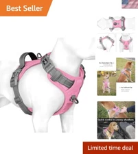 Easy On/Off Reflective Dog Vest Harness - Baby Pink Base & Grey Straps, L Size