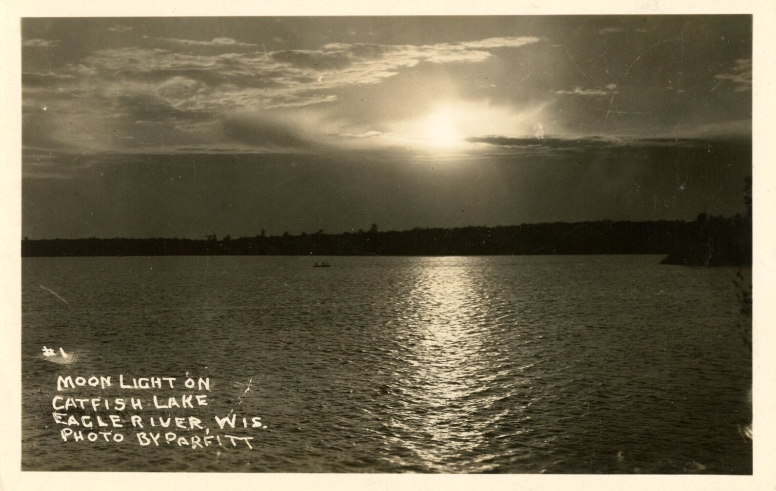 Vintage RPPC Postcard Moon Light on Catfish Lake, Eagle River, WIS