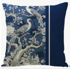Chinoiserie Blue Ivory Bird Floral Botanical Linen Throw Pillow Cover Home Decor