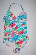 Girls ONE PIECE Swim Suit FLAMINGO Blue Orange Pink TROPICAL Hawaiian XS 4-5