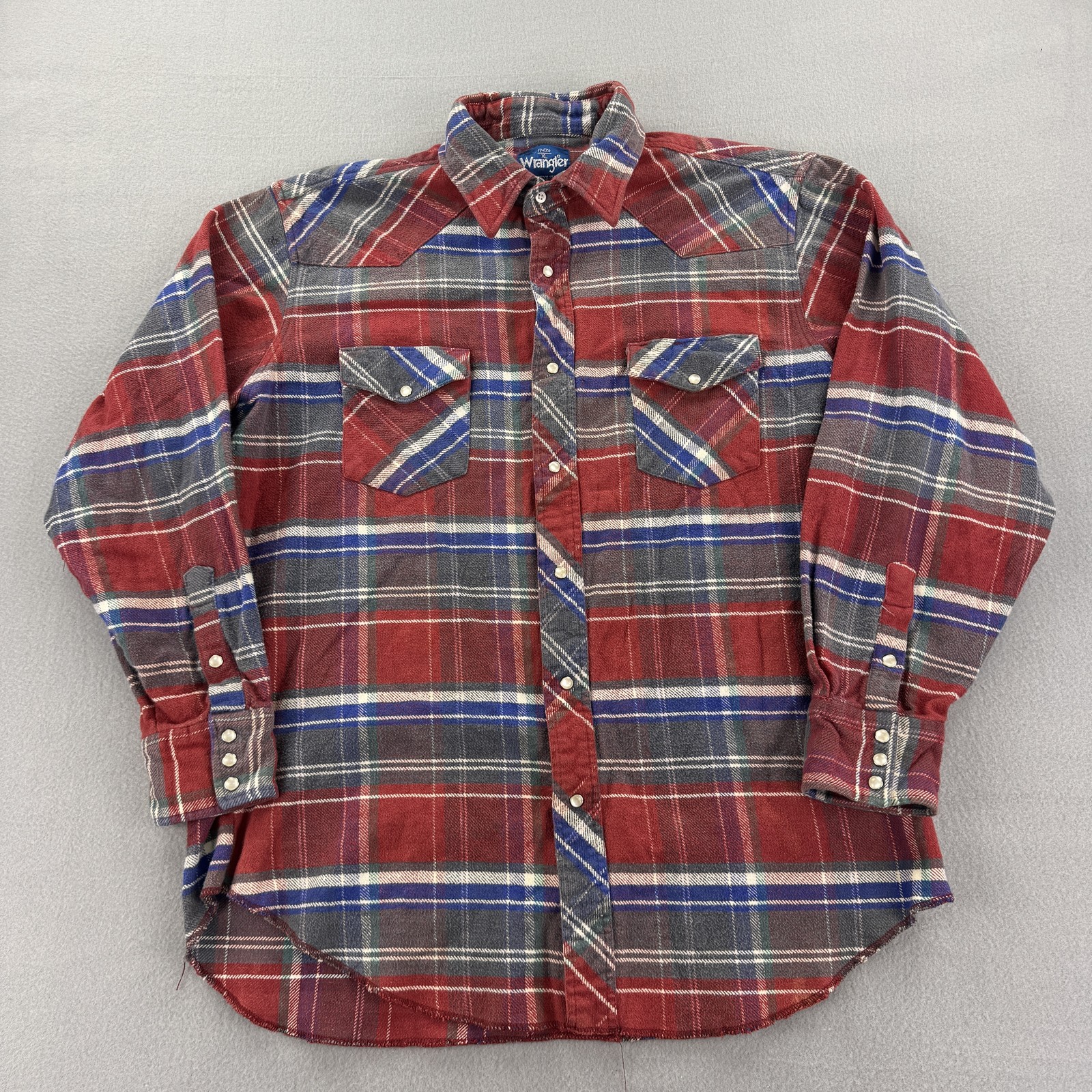 Wrangler Shirt Mens XL Red Gray Plaid Western Pearl Snap Flannel Cowboy Rodeo